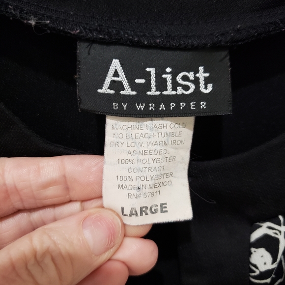 A-List By Wrapper, blk & wht floral fit & flare waist tie tunic blouse top, SZ L - Picture 13 of 16